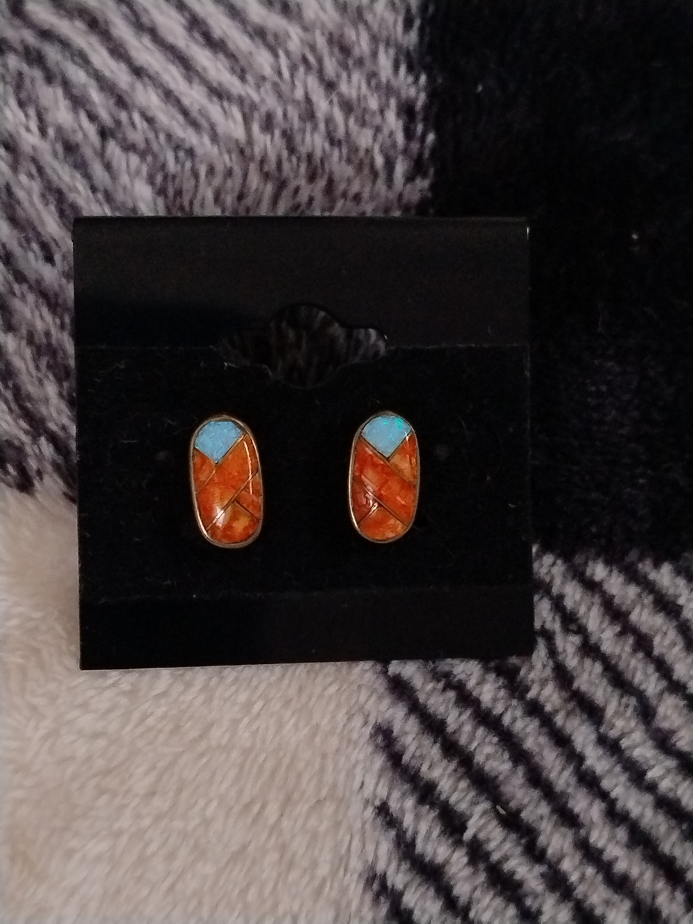 Orange and Turquoise Inlaid Stone Stud Earrings - Picture 2 of 6